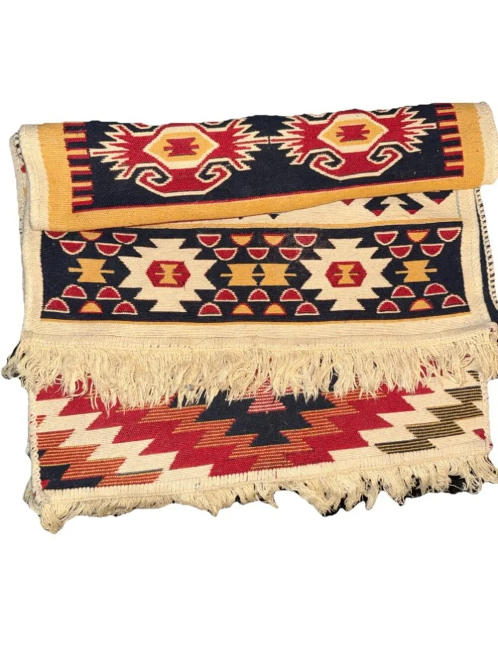 Aztec Indian Mat Rugs (2) Hand Woven Wool Reversible Multicolor 33.5”L x 21.5”W